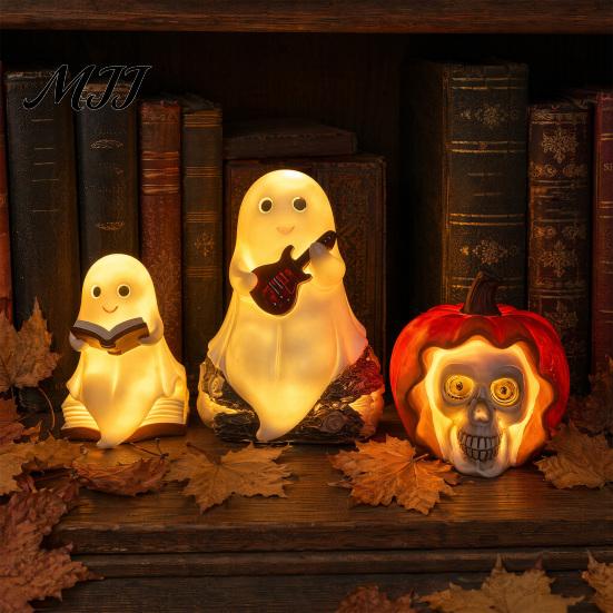 Portable Night Light No Cords Halloween Ghost Light, Resin Spooky Table Lamp for Bedroom Shelf Gothic Home Decor Decor, Warm Amber Purple Glow