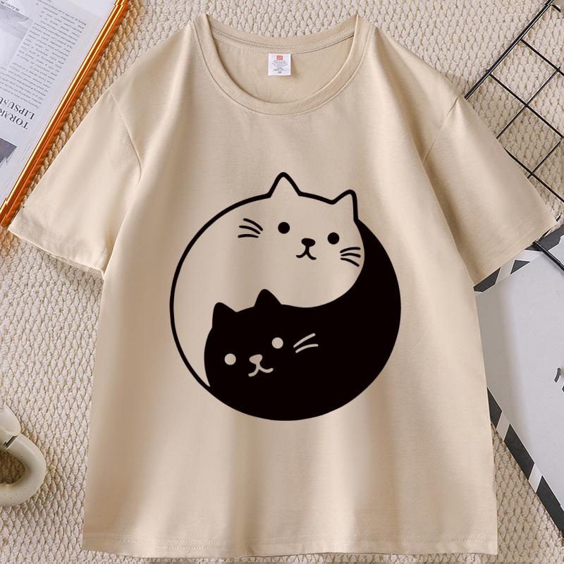Yin Yang Cat TShirt Funny Cute Kawaii Kittens Tee Cotton Short Sleeve Summer Round Neck Tshirt Streetwear Basic Tees