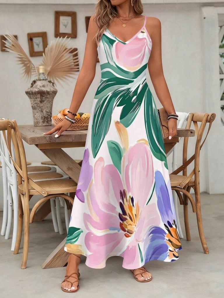Women's Floral Print V-Neck Suspender Long Dress Vertical Fabric Loose Version Beach Vacation Dress