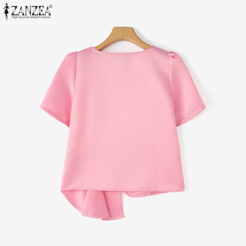 ZANZEA Damen Sommer Rundhals Lässig Kurzarm Einfarbig Bluse