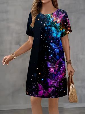 Rochie de vară la modă cu imprimeu 3D, lejeră, casual, cu mânecă scurtă, gât rotund, mini