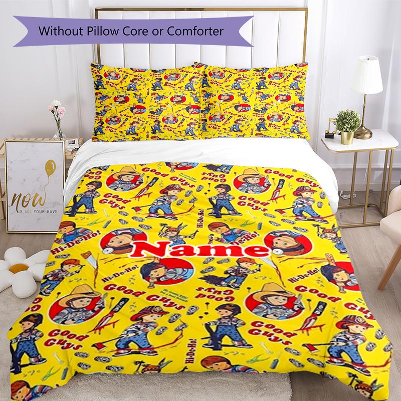 Set de lenjerie de pat Chucky cu nume personalizat 3 buc. Închidere cu fermoar pentru husa de pilotă Include 1 husă de pilotă și 2 fețe de pernă, Moale și confortabil pentru toate anotimpurile.