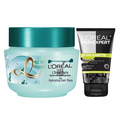 L'Oreal Men's Oil Control Charcoal Cleanser & Hyaluronic Acid Hair Mask Set