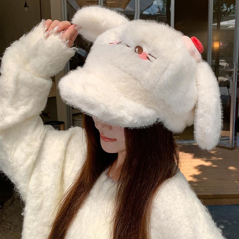 Cute Rabbit Ear Plush Hat Women's Age-reducing Thickened Warm Winter Hat Cartoon Shape Showing Face Small Cap