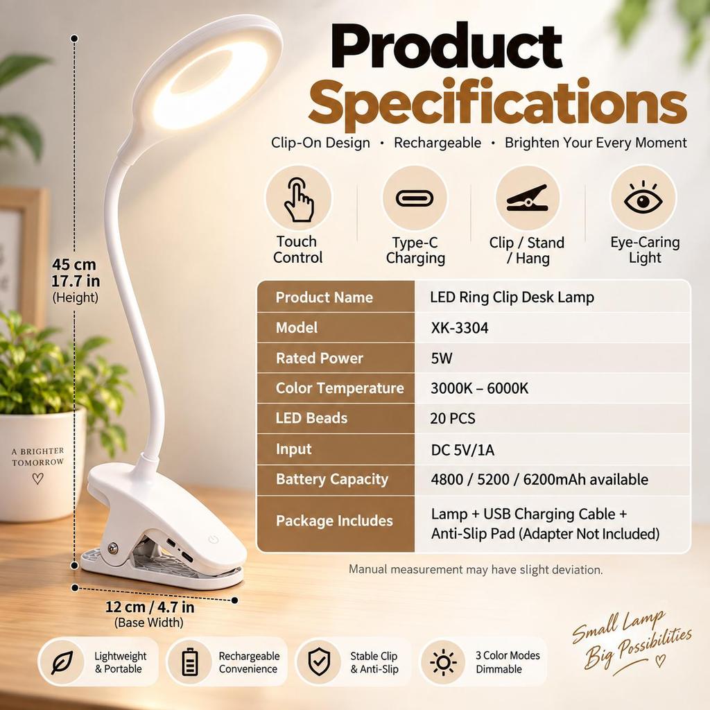 Clip on Rechargeable Reading Light for Bed, 3 Color x 3 Brightness 28 LEDs Desk Light, Eye-Caring Desk Lamp with Clamp for Headboard, Table, Desk
