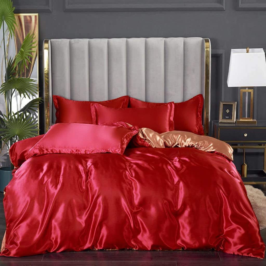 Satin Bedding Set King Wine Red Silk Like Satin Duvet Cover Set Luxury Soft Burgundy Comforter Cover Adults Bedroom Decor Chic Luxurious Sil