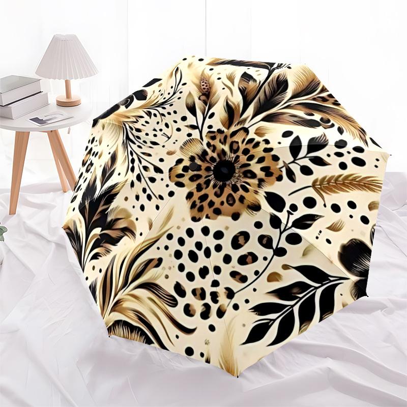 1pc Leopard Floral Automatic Folding Umbrella with 8-Rib Windproof Design, Portable Foldable Sunshade Umbrella For Halloween 010