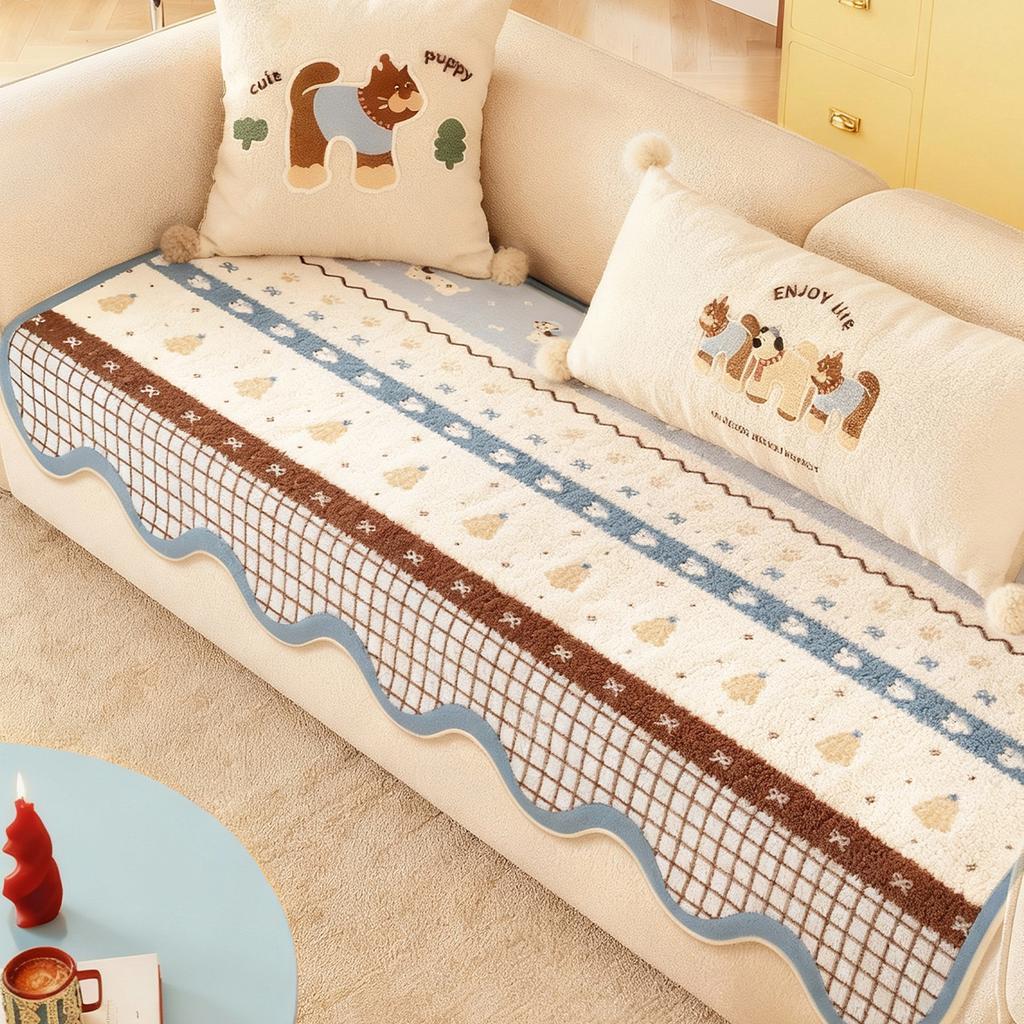 One-Piece Model Cute Cartoon Style Plush Sofa Cover  New Fixed Anti Slip Anti Cat Scratch Straight Row Sofa Cover Cushion
