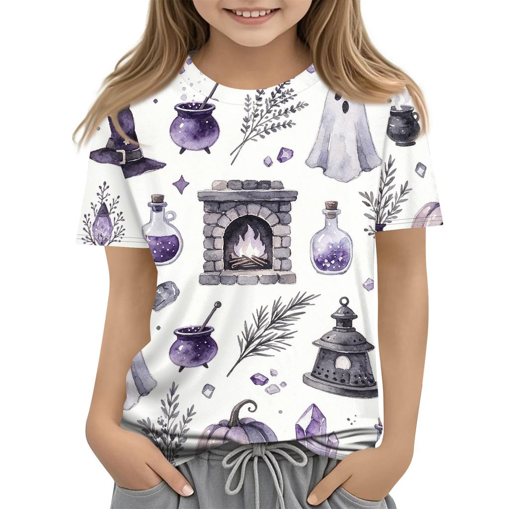 Boys and Girls Halloween T-Shirt - Round Neck Short Sleeve Casual Graphic Tee for Kids