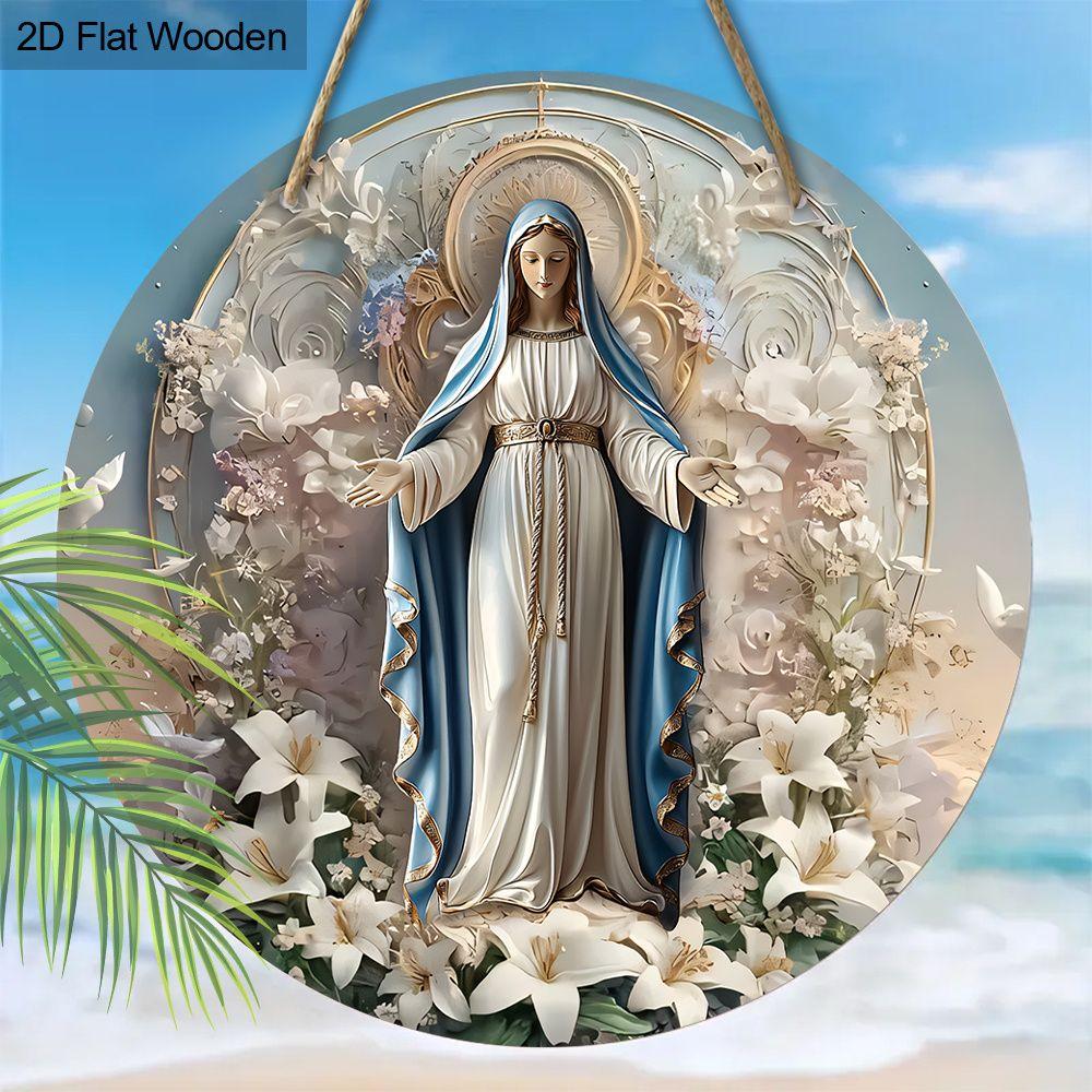 Virgin Mary White Lily Round Wooden Hanging Sign, 2D Flat Printed Religious Wall Door Ornament, Christian Faith Home Decor Gift