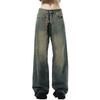 Autumn American Trend: Men's Loose Retro Yellow Mud-Dyed Straight Jeans, Washed & Distressed Wide-Leg Style
