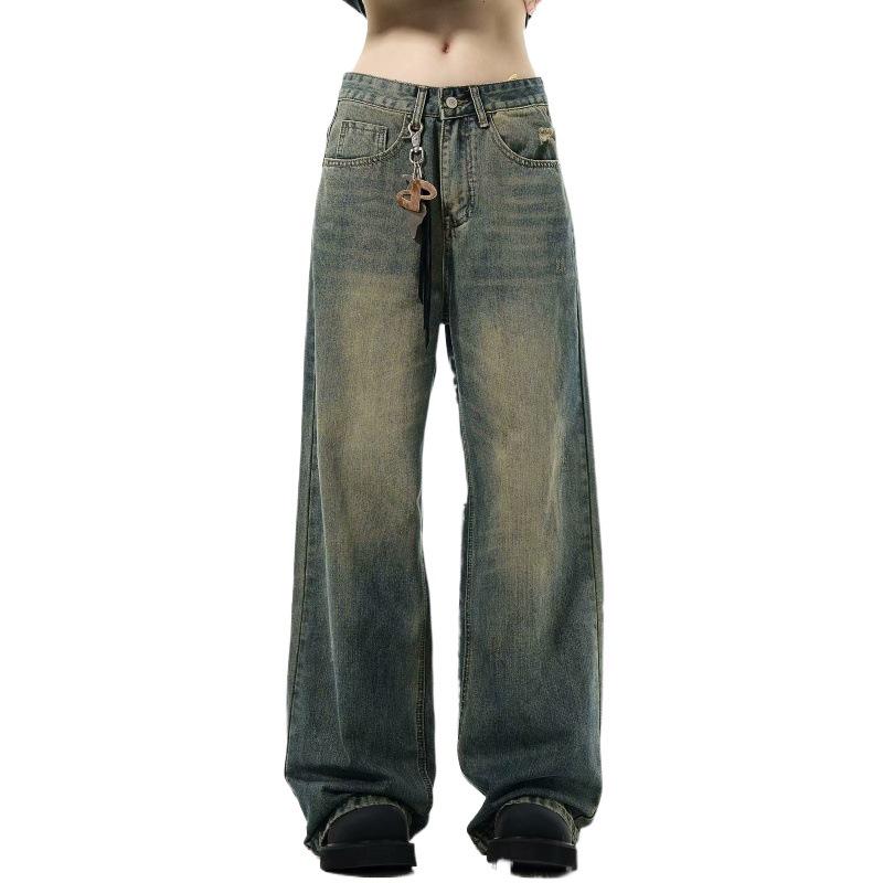 Autumn American Trend: Men's Loose Retro Yellow Mud-Dyed Straight Jeans, Washed & Distressed Wide-Leg Style