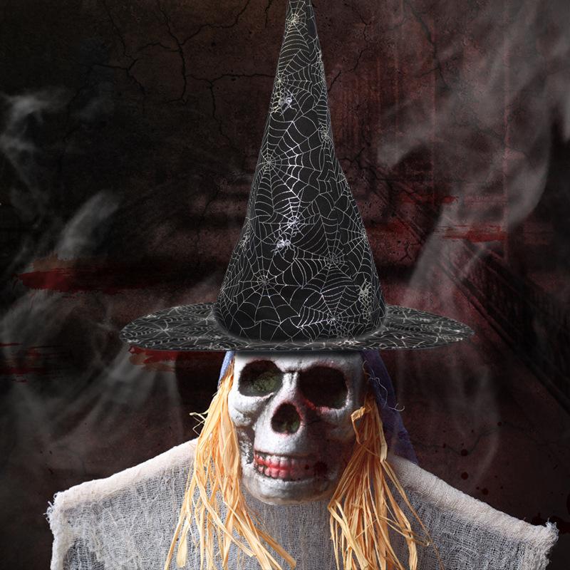 1pc Halloween Witch Hat Black Silver Spider Web Wizard Hat Cosplay Costume Wide Brim Witch Hat for Party Fancy Dress Prop Gift
