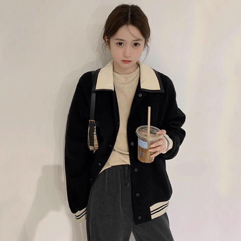 Women's Cotton Baseball Jacket: Autumn/Winter Korean Style, Loose Fit, Color Block, Thickened Lapel, Fashionable and Lightweight.