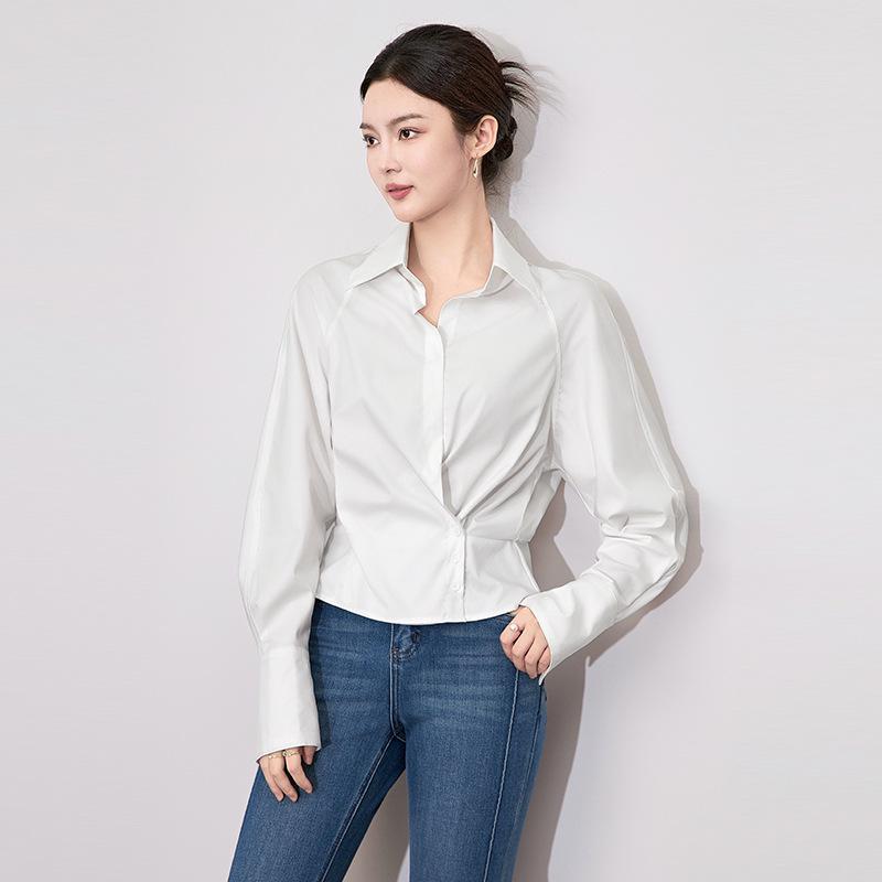 Women s High-End Fashion Lapel Shirt: Raglan Long Sleeve, Waist-Cinched Slimming Top - New Style Medium белый