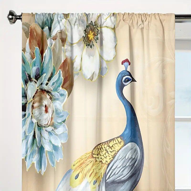 Elegant Noble Gold Blue Peacock Pattern Printed Curtains Window Decoration Home Room Curtain Polyester