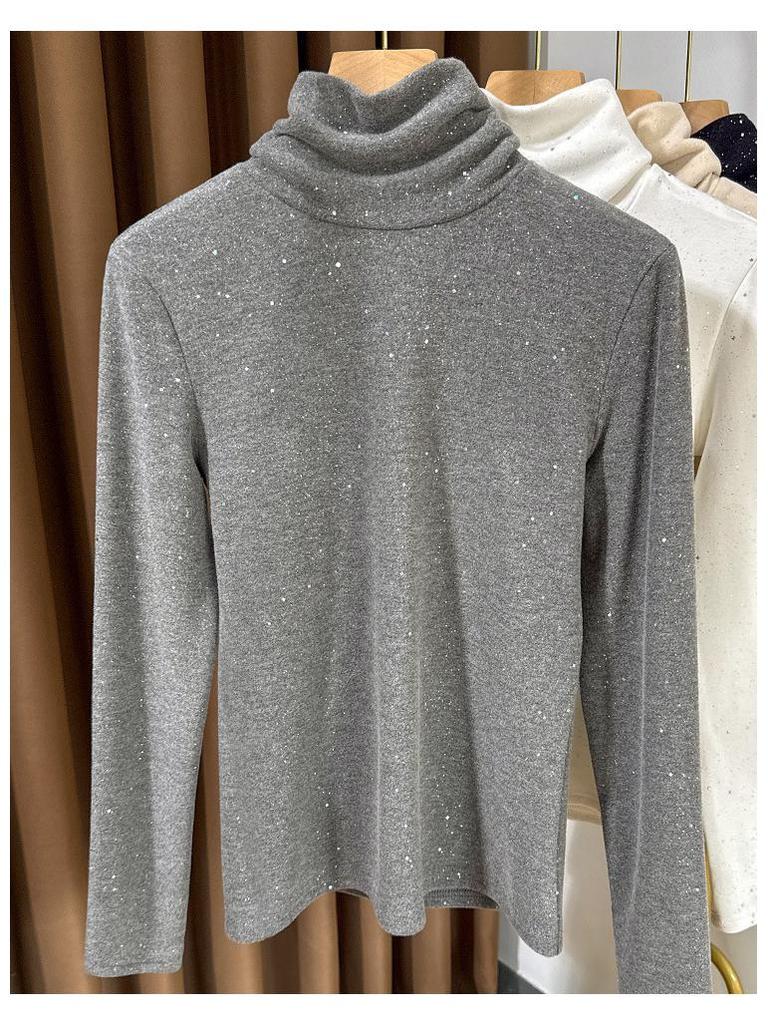 Women's Sequined High-Collar Brushed Corduroy Long Sleeve Shirt - 270g