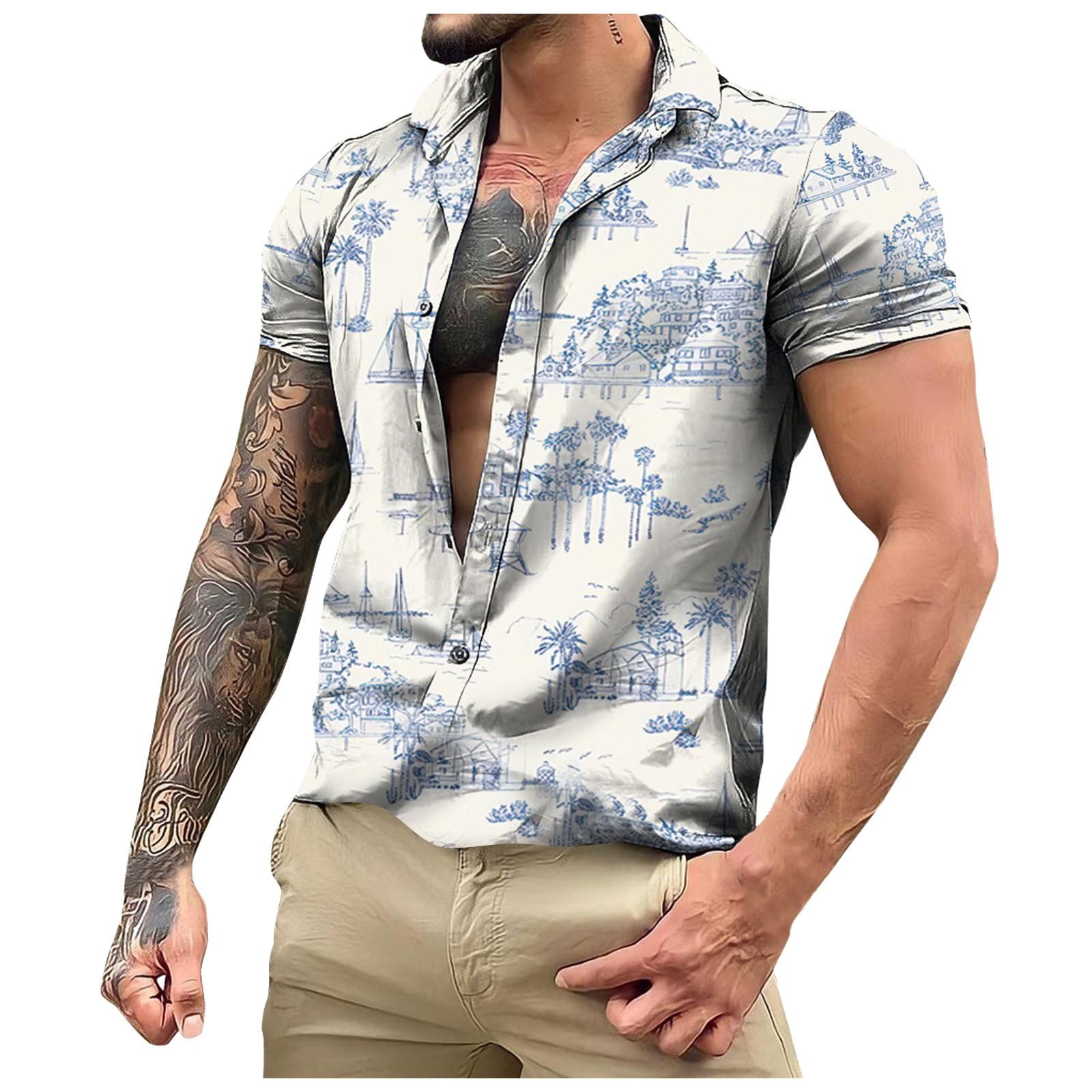 

Мужские весенне-летние повседневные рубашки с гавайским лацканом и коротким рукавом с принтом дерева, пляжные рубашки, мужские топы L белый