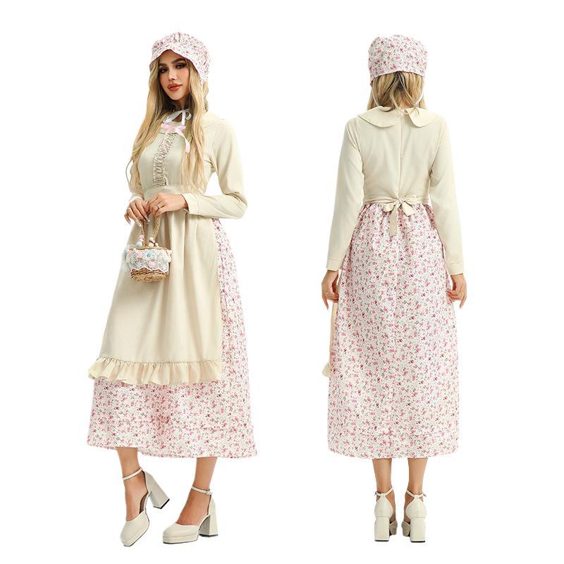 Adult Halloween Costume Dress, Floral Print, Three-Piece Set (Headscarf, Apron, Dress), Polyester, Sizes M-XL