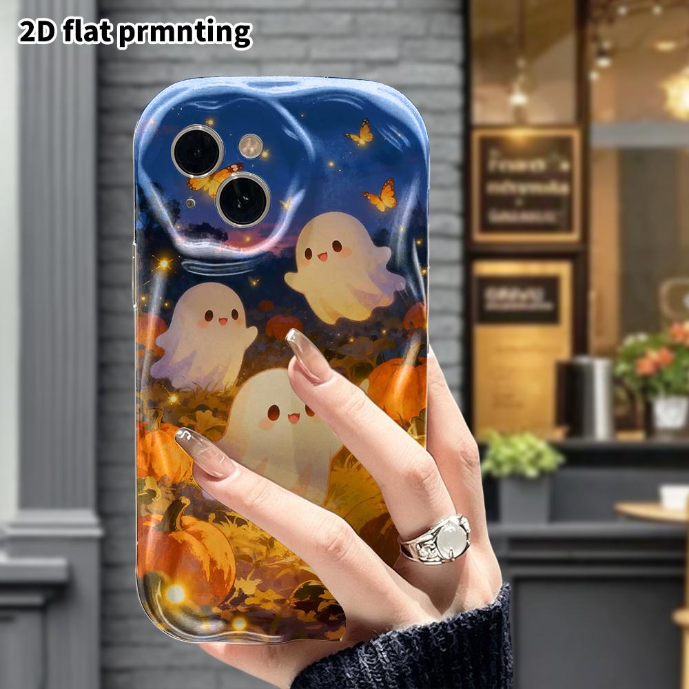 Phone Case: 2D Flat Design Suitable for iPhone 18 17 16 15 14 13 Pro Protective Case, Little Ghost In the Pumpkin Field, Perfect Christmas and Hallowe