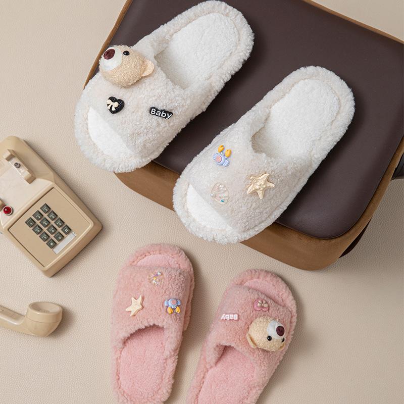 Bear open cotton slippers ins warm fluffy slippers cartoon contrasting plush slippers