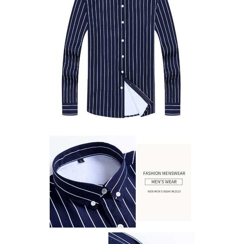 Men's Blue & White Striped Stand Collar Shirt Thickened Casual Long-sleeve Top
