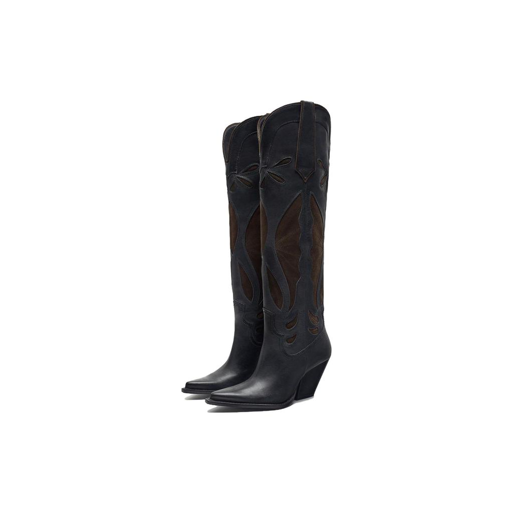 Zara Leather Pointed Toe Pull-On Knee High Boots 7Cm Women Boots Black 3023010800