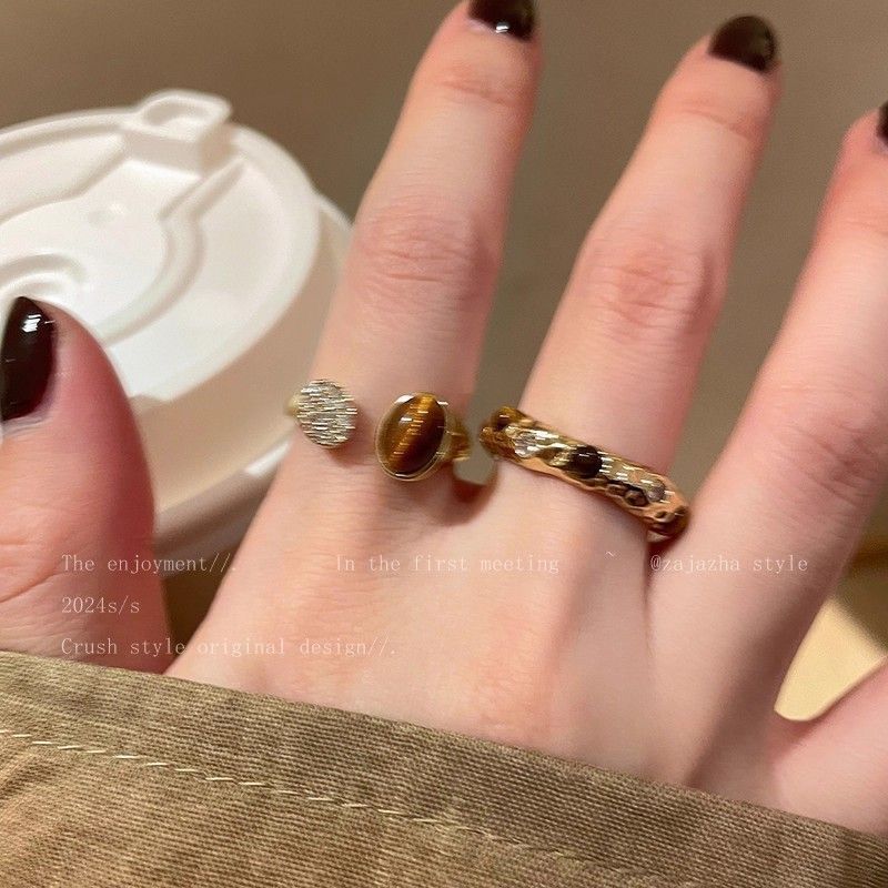 Maillard Tiger's Eye Stone Zircon Ring Girls 2025 New Light Luxury High-end Index Finger Ring Fashion Personality Ring
