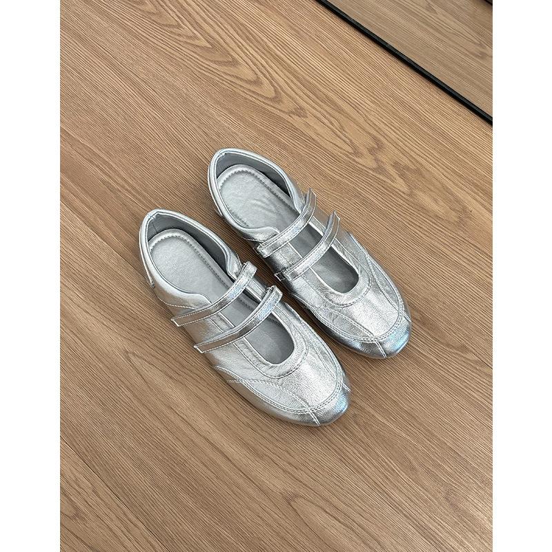Cowhide flat-bottomed silver Mary Jane shoes women's genuine leather retro Velcro ballet single shoes casual sports training shoes