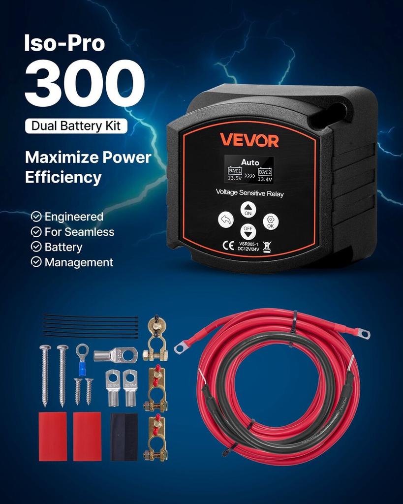 Dual Battery Isolator Kit, 12V 300 Amp, Manual and Automatic VSR Voltage Sensitive Relay with Voltmeter, LCD Screen, Smart Battery Isolator,
