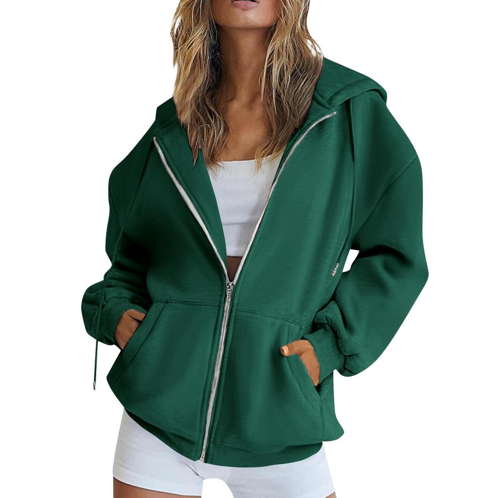 Women's  Fashion Zipper Hoodie Long Sleeve Hooded Pullover Sweatshirt Casual Solid Color Tops With Pockets
