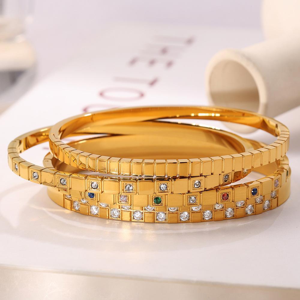 ins wind titanium steel thin square lattice stripe round diamond color gold-plated bracelet wholesale bracelet
