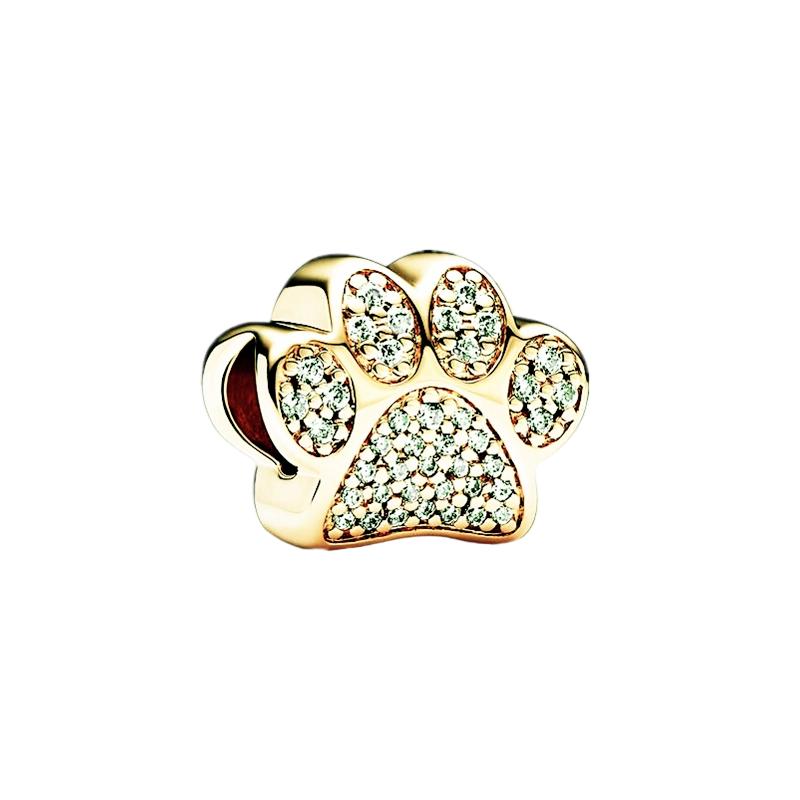 New Sparkling Golden Charms Pet Cat & Dogpaw Print Beads Fit Original Bracelets Necklace Accessories Diy Women Jewelry Gifts