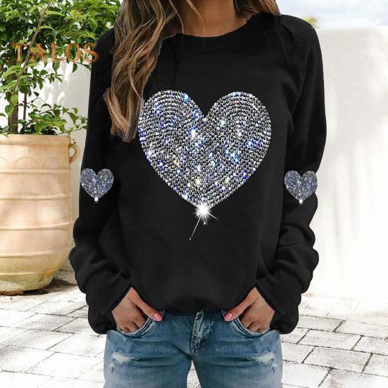 Women Tops Round Neck Long Sleeve Tee Shirt Shiny Sequins Heart Print Sweatshirt Spring Autumn Daily Wear
