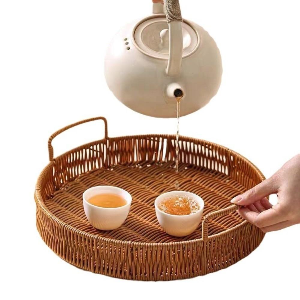 20/25/30/35cm Handwoven Rattan Basket with Handle Double Ears Rattan Storage Tray Plastic Imitation Round Shape Basket