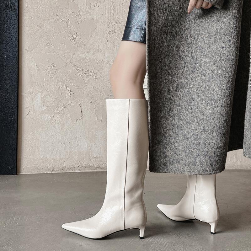 Autumn Women Boots Split Leather Women Shoes Pointed Toe Chunky Heel Slip-On Knee High Boots Western Modern Ladies Boots