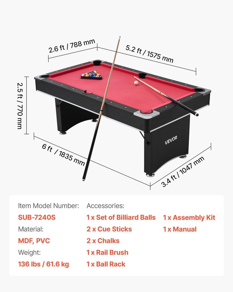 Pool Table, 183cm Portable Billiards Tables, Adjustable Feet Stable Game Table, Entertainment Set Includes Ball, Cue, Rack, Chalk and Brush, Black