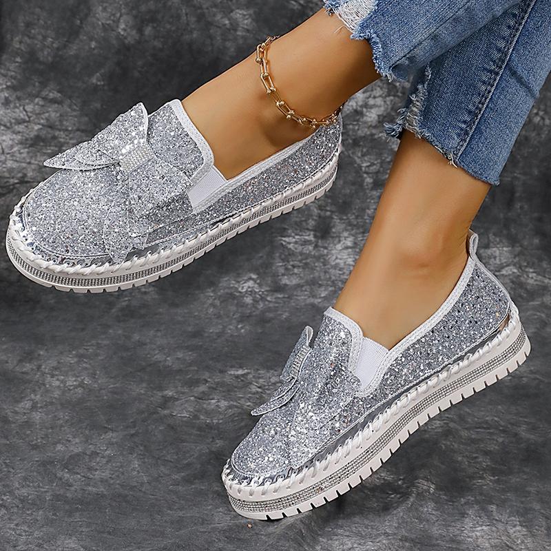 Fashion Women's Gold Silver Bowtie Sequin Flats Shiny Crystal Thick Sole Platform Loafers Ladies Light Comfort Non Slip Casual Shoes