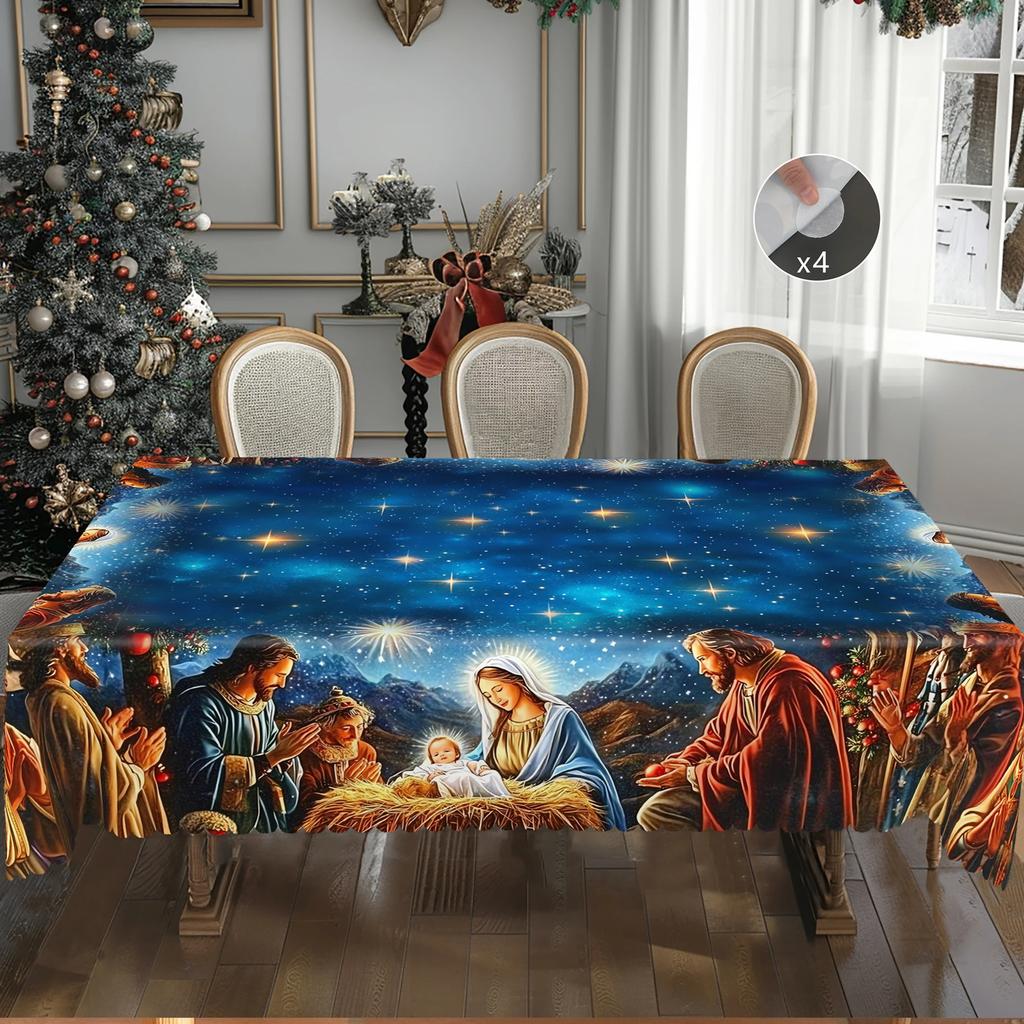 Retro Country Farmhouse Christmas Scene Printed Tablecloth for New Year Party, Merry Christmas Themed