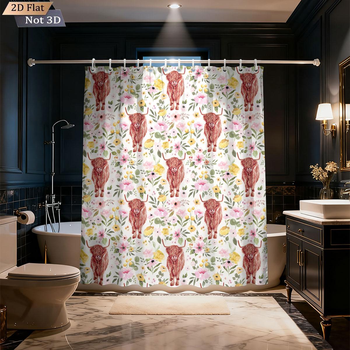 

1Pc Flower Highland Cow Print Waterproof Shower Curtain Partition Privacy Hanging Curtain, With 12 Hooks, Multiple Sizes W60H190(CM)-1 Pcs