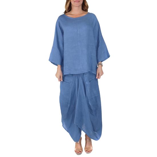 

Женский комплект из хлопка и льна, 2 предмета, блузка с круглым вырезом и рукавом 3/4, асимметричная юбка миди, летний повседневный домашний наряд S королевский синий