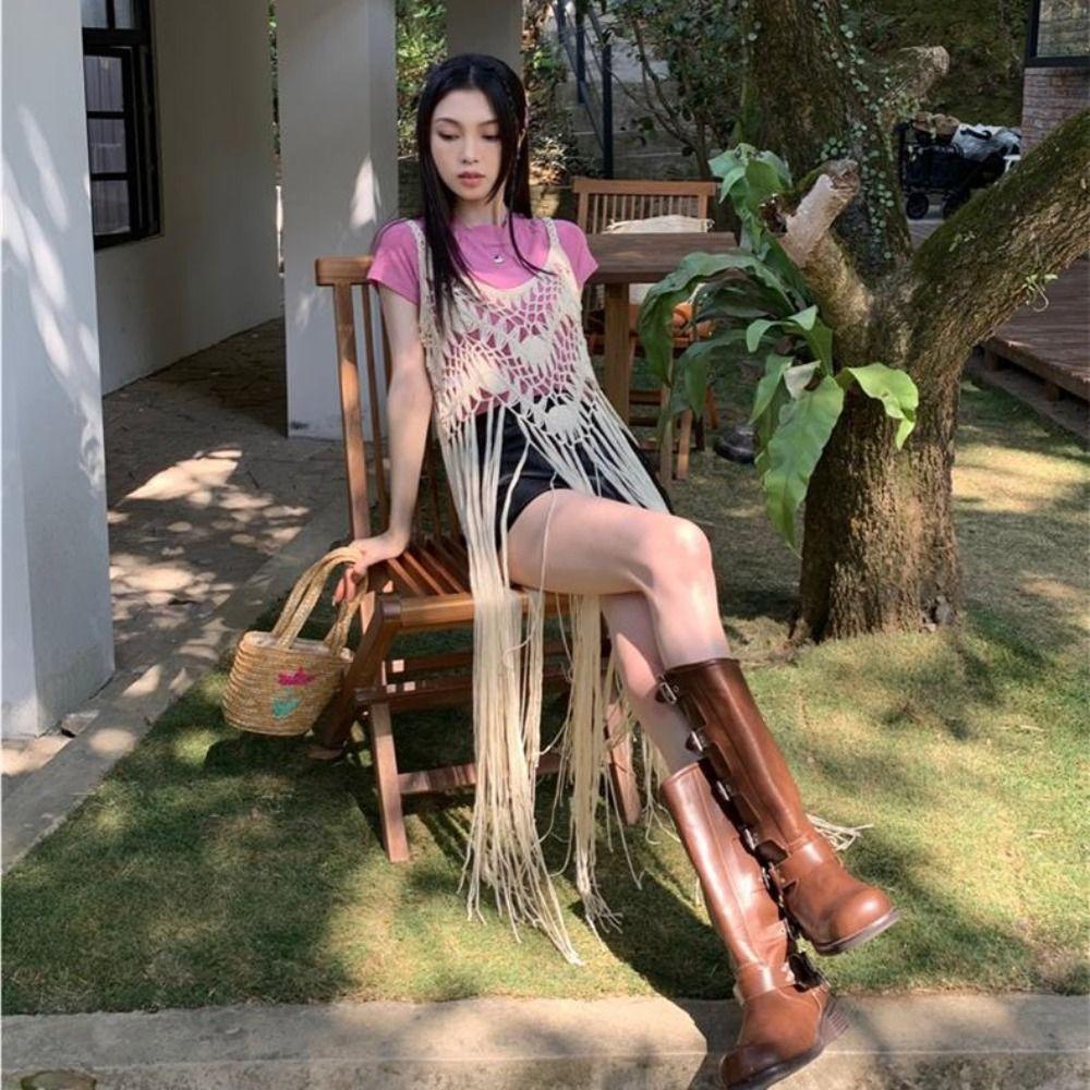 Polyester Fibre Beach Dress Bohemian Style Tassel Vest Elegant Knit Gown Beach Vacation