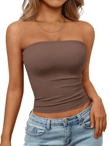 Top a tubino senza maniche da donna, senza spalline, Streetwear, tinta unita, Bustier, vestibilità aderente, elasticizzato, estivo, casual, da indossare tutti i giorni, Canottiera