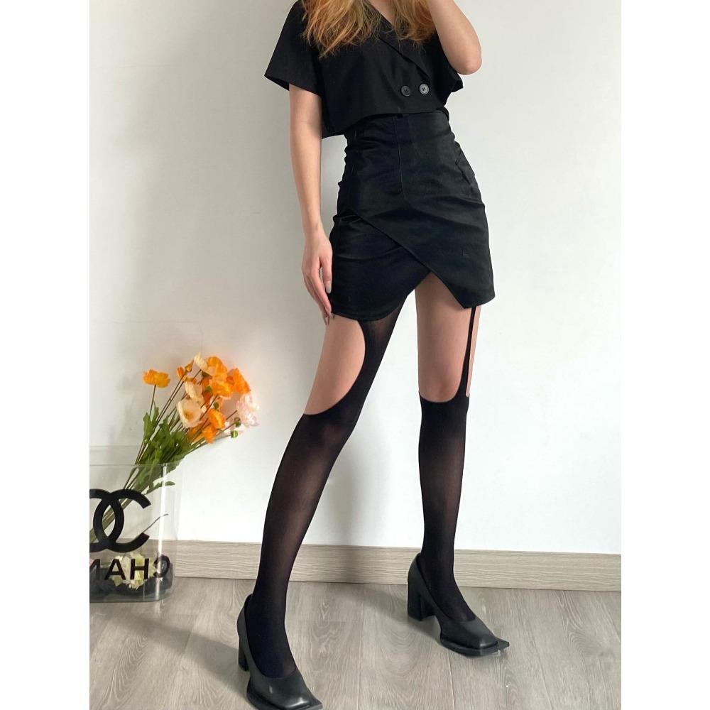New Pure Desire White AB Asymmetrical Suspender Hole Socks Thin Black Silk Diablo Pantyhose Pure Desire