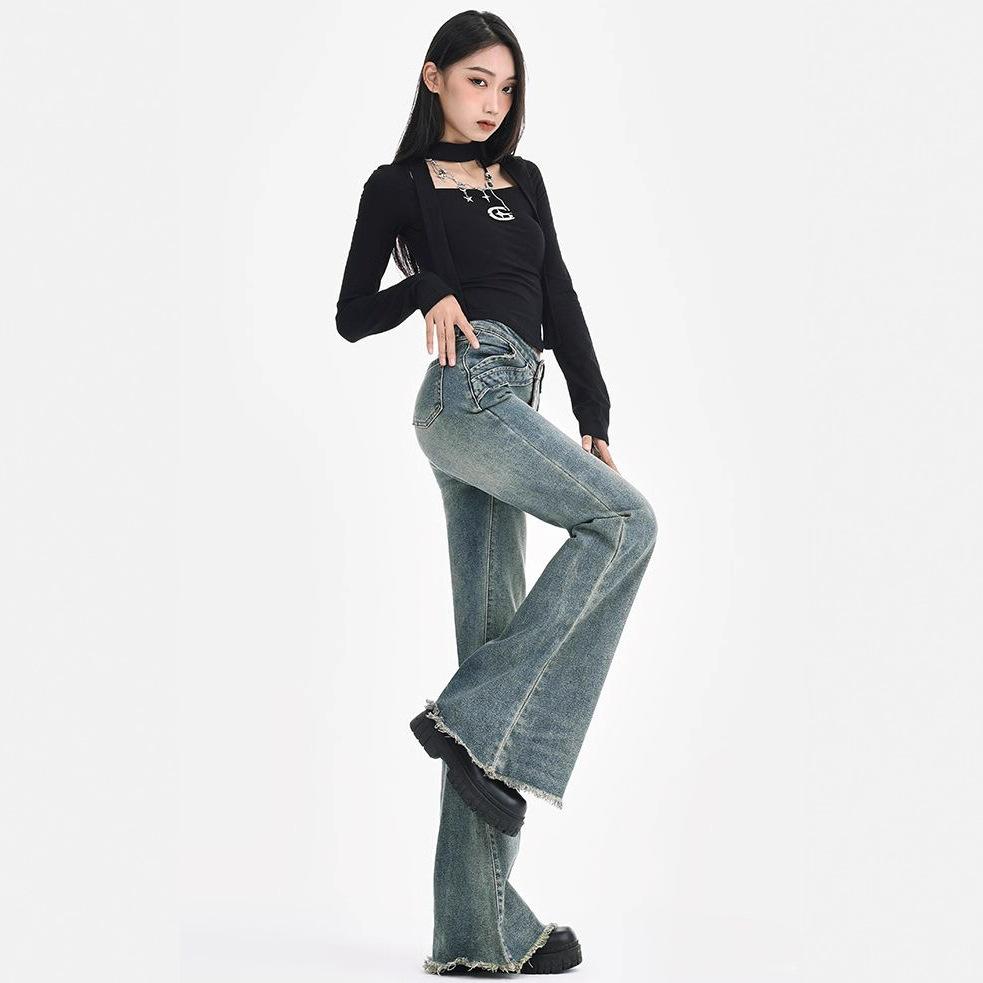 Design Sense of Large Size Jeans Female Autumn High-waisted Not Close To The Legs of The Hairy Edge Loose Micro-la Trousers Long Denim Pants