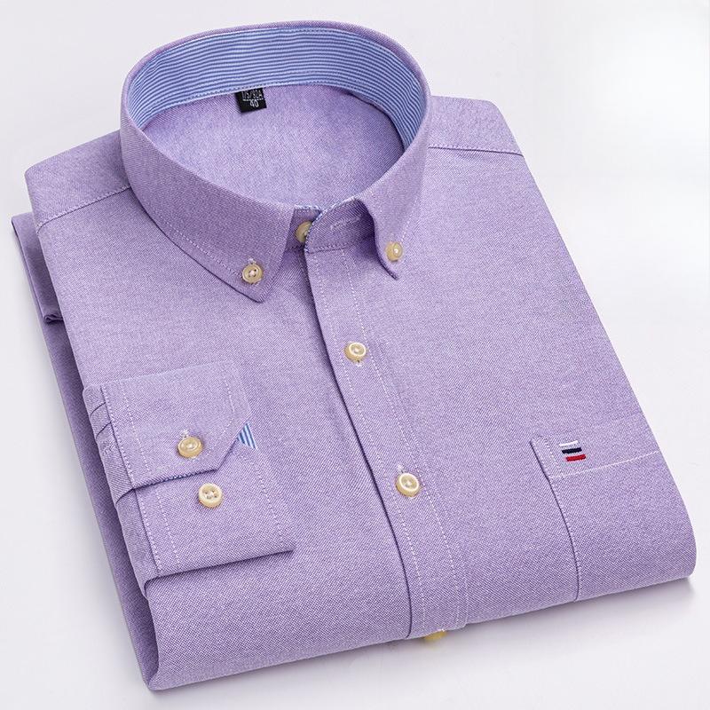 Men's Oxford Long Sleeve Square Collar Soild Plaid Striped Summer Casual Shirts Single Pocket  Shirt