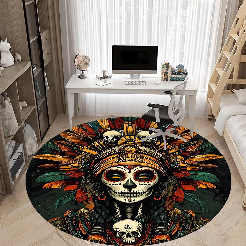 1pc Day of the Dead, Skull Office Round Area Rug, Under Office Chairs Bedroom Living Room Home Decor, Room Deco