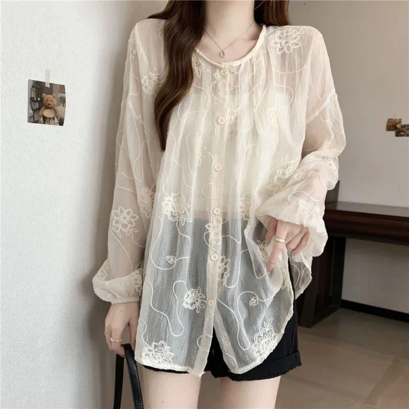 Summer High-end Jacquard Sunscreen Shirt Women's Plus Size Loose Lace Cover Shirt Top Shirt