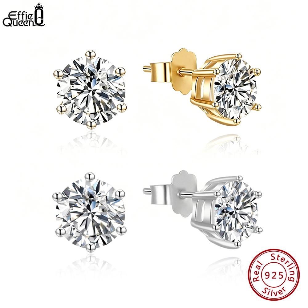 Effie Queen Simple Versatile 6MM Round Cut Cubic Zirconia Stud Earrings S925 Pure Silver Trend Daily White Zircon Jewelry SE335