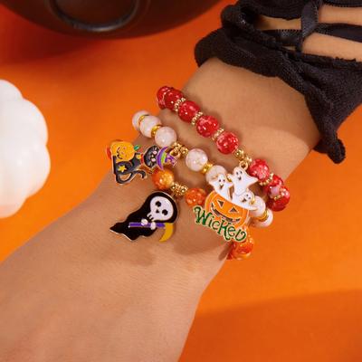 Halloween Ghost Black Cat Pumpkin Bat Moon Charm Multi-Layer Print Beaded Bracelet Gothic Boho Party Jewelry Gift For Women Men